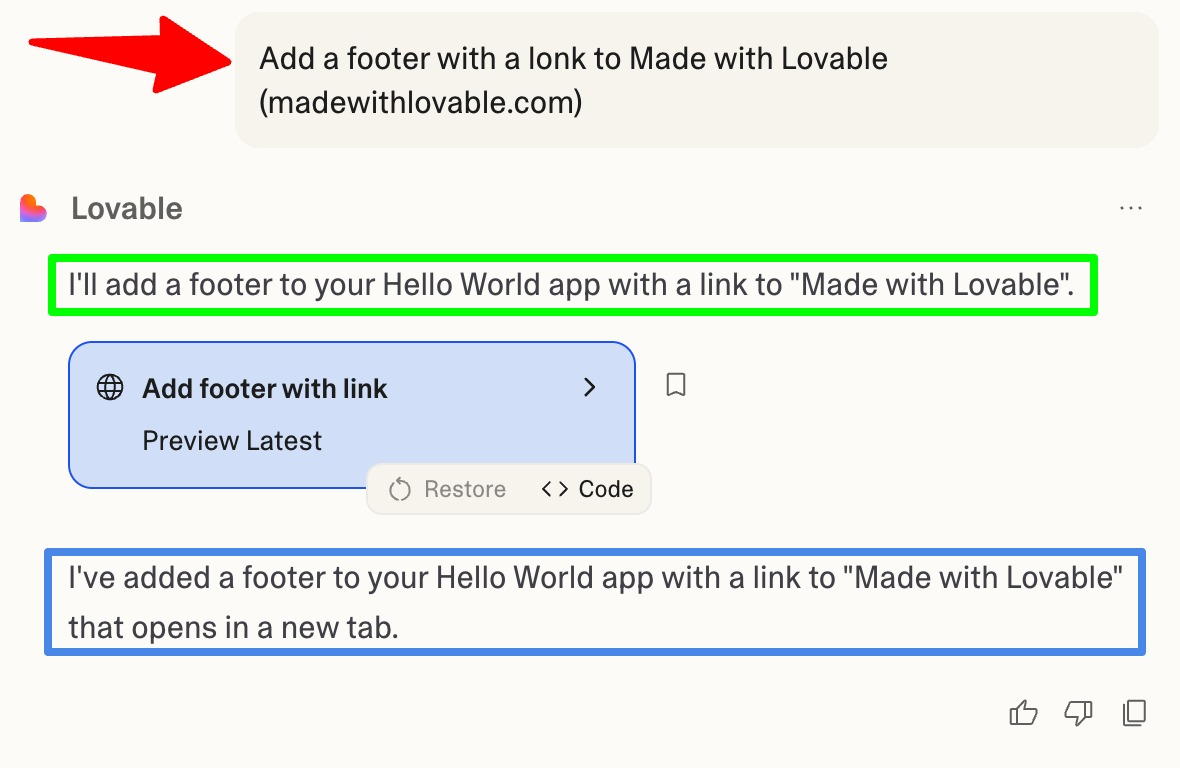 Example prompt and instruction from Lovable chat interface