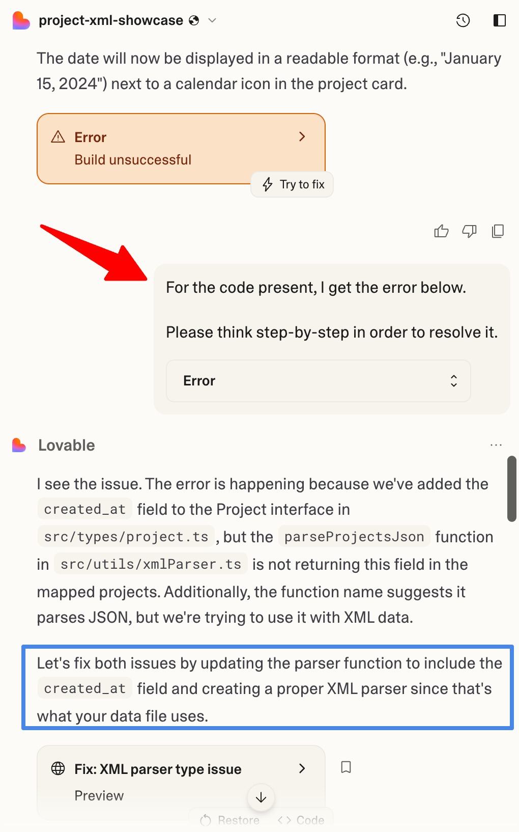 example of error with Lovable